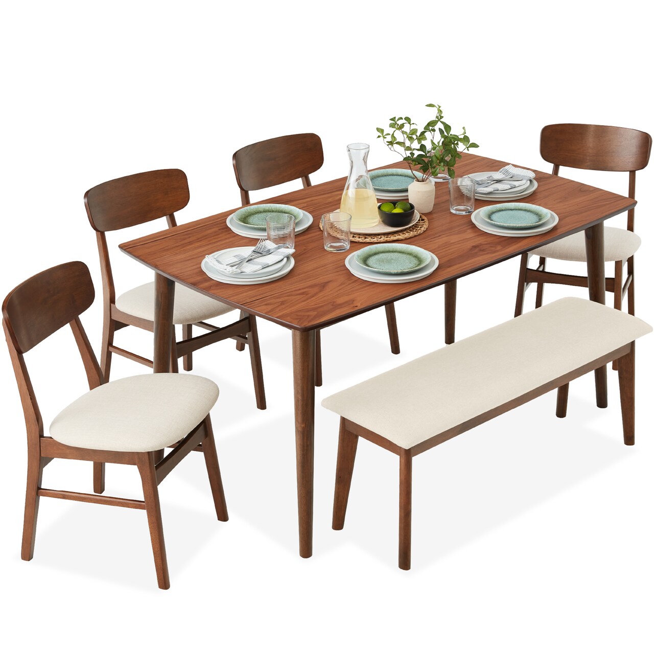 Best Choice Products 6-Piece Mid-Century Modern Dining Set, Upholstered Wooden Table & Chair Set w/ 4 Chairs, Bench